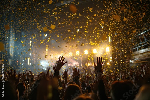 Audience enthusiastically celebrates under falling gold confetti and bright stage lights