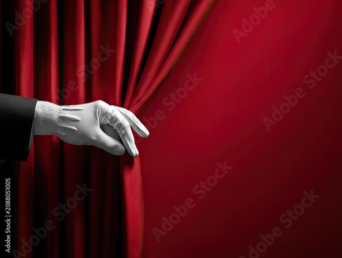 A gloved hand pulls back a red curtain on a dark background, revealing an empty space