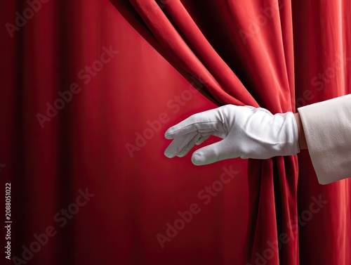 Hand in white glove partially parting red stage curtain, revealing an unseen space