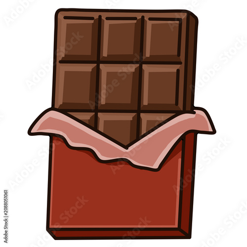 Opened dark chocolate bar in red foil wrapper cartoon vector