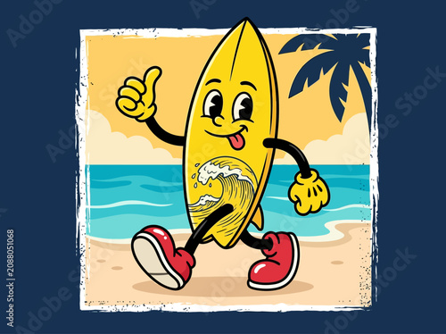 Photography Retro Cartoon Surfboard Character Walking on Tropical Beach