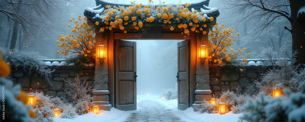 Obraz premium Wooden gate opens to a misty winter garden with yellow roses. Snow covers ground and branches. Lanterns glow warmly, creating magical, inviting atmosphere.