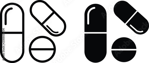 Pill and capsule icons outline and solid black isolated on transparent background for medicine and healthcare illustration.