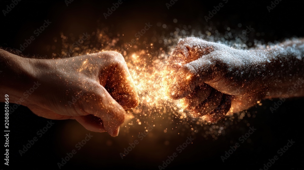Fototapeta premium Fists colliding with sparks impact force
