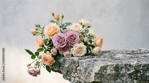 Elegant bouquet of purple, peach, and white roses with greenery arranged on a rustic stone surface, soft natural light