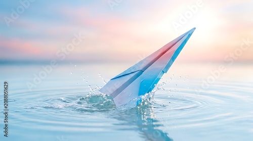 Colorful paper airplane floating on calm water at sunrise with soft pastel sky reflection and gentle ripples