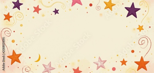 Whimsical stars and swirls frame light background, creating playful cosmic border. This cheerful design is perfect for party invitations, kids events, or holiday greetings, adding touch of magic.