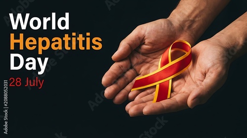 Hands holding a red and yellow awareness ribbon for World Hepatitis Day on July 28th, symbolizing hope and support