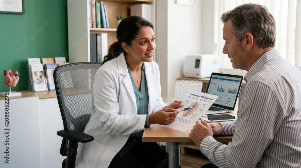 Fototapeta premium Doctor Patient Consultation Discussing Health Assessment Report