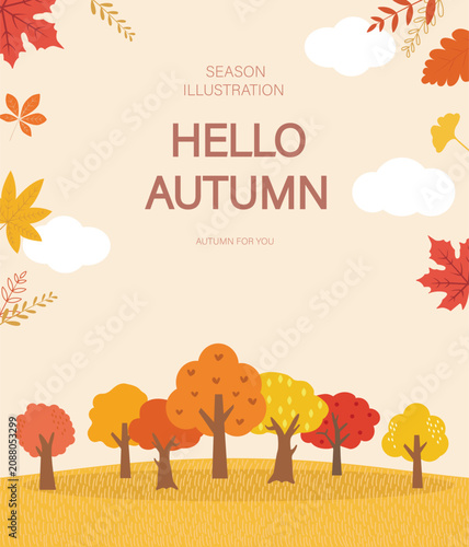 Hello Autumn Landscape Background with Cute Trees, Seasonal Fall Illustration