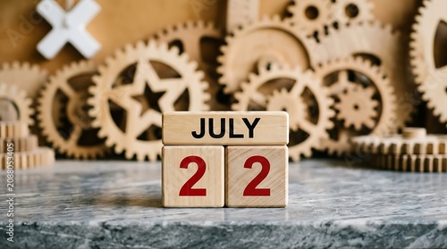 July 22 wooden block calendar on grey stone surface with rustic gears and cogs background, vintage industrial concept