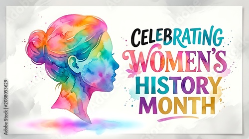 Colorful watercolor silhouette of a woman celebrating Women's History Month with vibrant paint splashes and bold typography