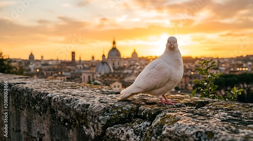 White pigeon perched on ancient stone wall overlooking historic Rome skyline at golden hour with warm sunset light