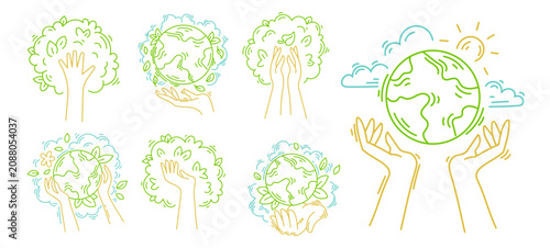 Foto Earth day ecology concept vector set, line art hands holding planet