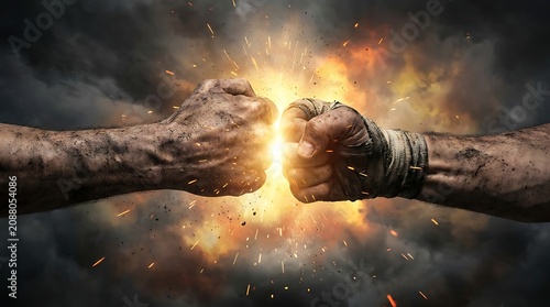 Two clenched fists colliding with explosive impact, dramatic lighting, power, strength, and conflict concept