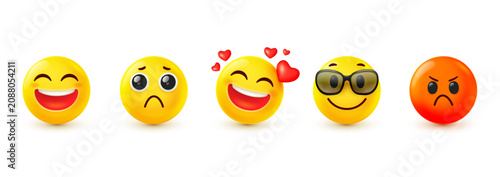 Canvastavla 3d emoji icons set, realistic emoticon vector collection with yellow faces happy