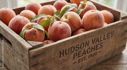 Foto Wooden crate filled with freshly picked peaches farm to table agriculture