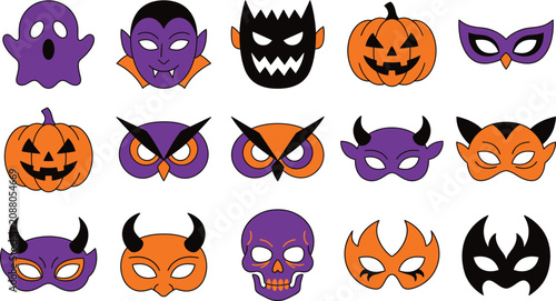 Fotografie Halloween costume masks collection ghosts vampires devils pumpkins and skulls