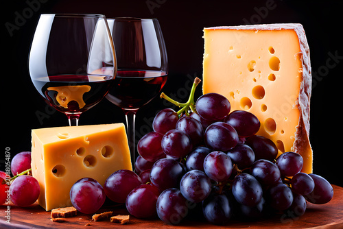 Red Wine Bottle with Glass and Swiss Gouda Cheese Appetizer Still Life
