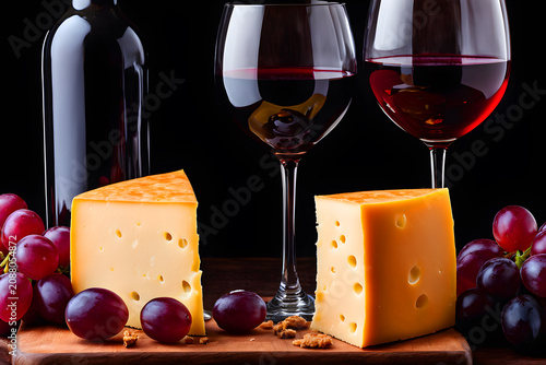Red Wine Bottle with Glass and Swiss Gouda Cheese Appetizer Still Life
