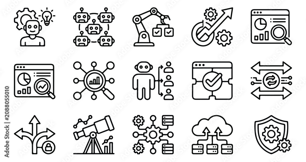 Fototapeta premium Artificial intelligence line icons set, 15 automation and machine learning vector symbols, digital technology and data analysis graphics
