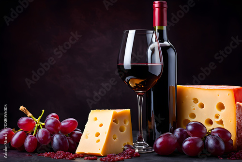 Red Wine Bottle with Glass and Swiss Gouda Cheese Appetizer Still Life