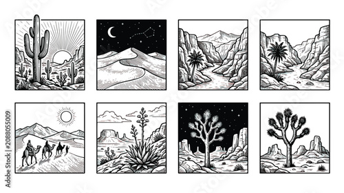 Fotografie Vintage desert landscape illustrations, set of 8 black and white vector icons, h