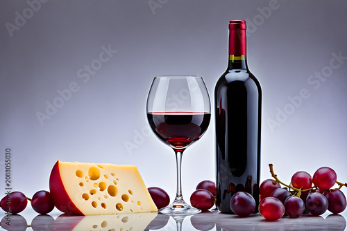Red Wine Bottle with Glass and Swiss Gouda Cheese Appetizer Still Life