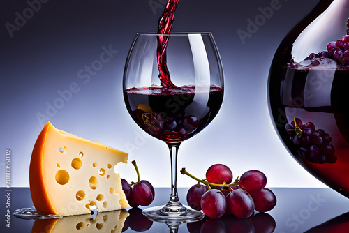 Red Wine Bottle with Glass and Swiss Gouda Cheese Appetizer Still Life