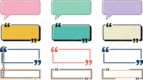 Quote box and speech bubble collection featuring colorful dialogue frames, testimonial callouts and modern text banner vector set