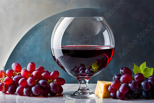 Red Wine Bottle with Glass and Swiss Gouda Cheese Appetizer Still Life