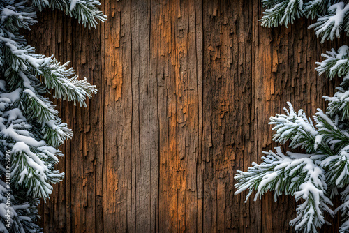 Christmas Background with Snow Covered Pine Branches on Rustic Wood Texture
