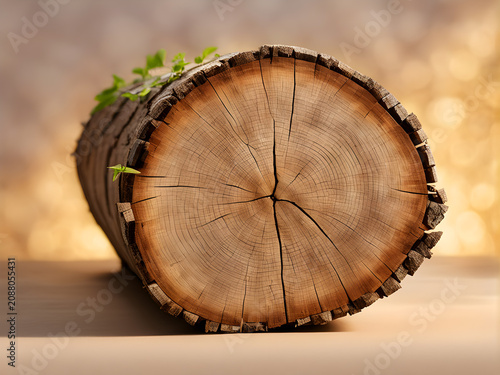 Close Up Wood Log Cross Section with Annual Tree Rings and Bark Texture