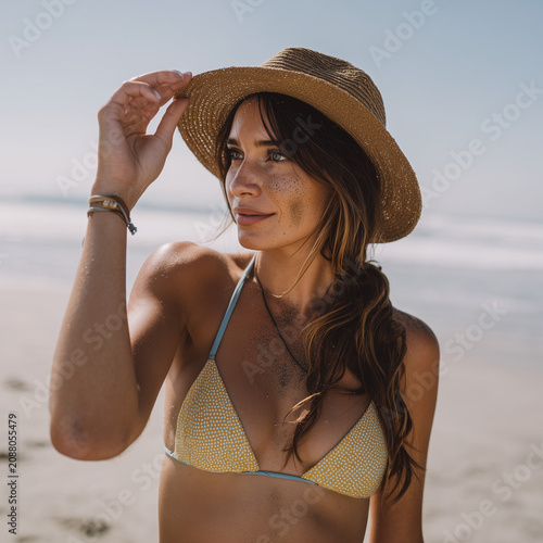 Junge Frau im Bikini am tropischen Sandstrand mit Palmen. Sommerliches Lifestyle-Motiv für Urlaub, Reisen, Strandmode, Sonne, Entspannung, Tourismus und Beach Lifestyle.