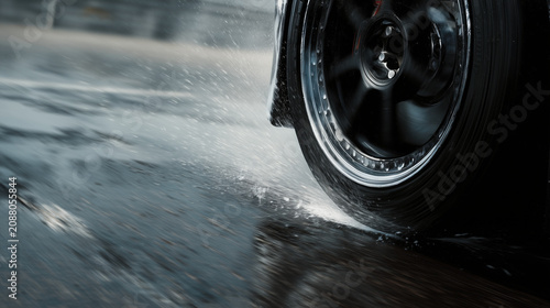 Nahaufnahme eines Autoreifens auf nasser Fahrbahn mit starker Wasserverdrängung. Symbol für Aquaplaning, Fahrsicherheit, Grip, Bremsweg und die Bedeutung hochwertiger Reifen.