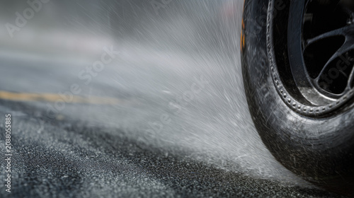 Nahaufnahme eines Autoreifens auf nasser Fahrbahn mit starker Wasserverdrängung. Symbol für Aquaplaning, Fahrsicherheit, Grip, Bremsweg und die Bedeutung hochwertiger Reifen.