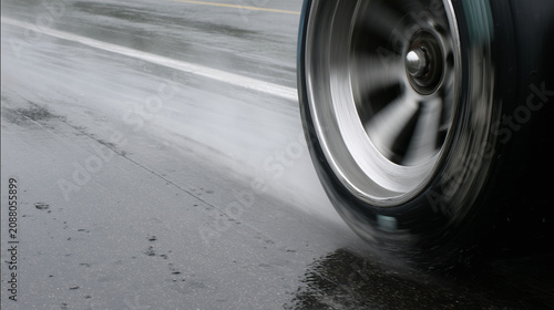 Nahaufnahme eines Autoreifens auf nasser Fahrbahn mit starker Wasserverdrängung. Symbol für Aquaplaning, Fahrsicherheit, Grip, Bremsweg und die Bedeutung hochwertiger Reifen.