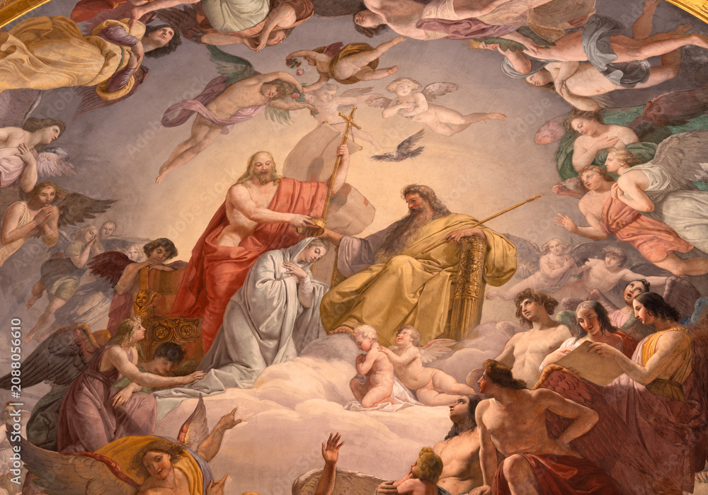 Fototapeta premium Novara - The central part of fresco of Coronation of Virgin Mary in Cattedrale di Santa Maria Assunta by Carlo Bazzi (1875 – 1947)