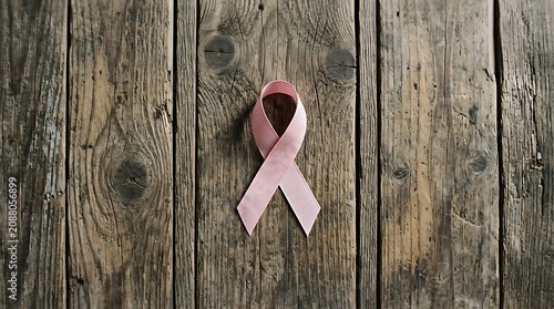 Pink breast cancer awareness ribbon with striped texture pinned to rustic weathered wooden background, symbolizing hope and support