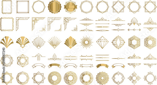 Luxury Golden Art Deco Geometric Element Set Featuring Ornate Frames Vignette Corners Dividers Ribbons and Sunburst Medallions for Vintage Branding Design Layouts