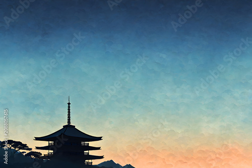 Japanese Pagoda Silhouette with Full Moon and Mountain Background