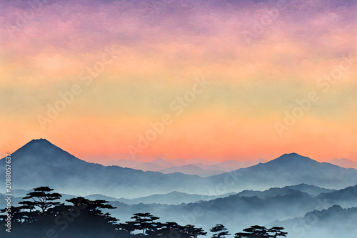 Japanese Pagoda Silhouette with Full Moon and Mountain Background