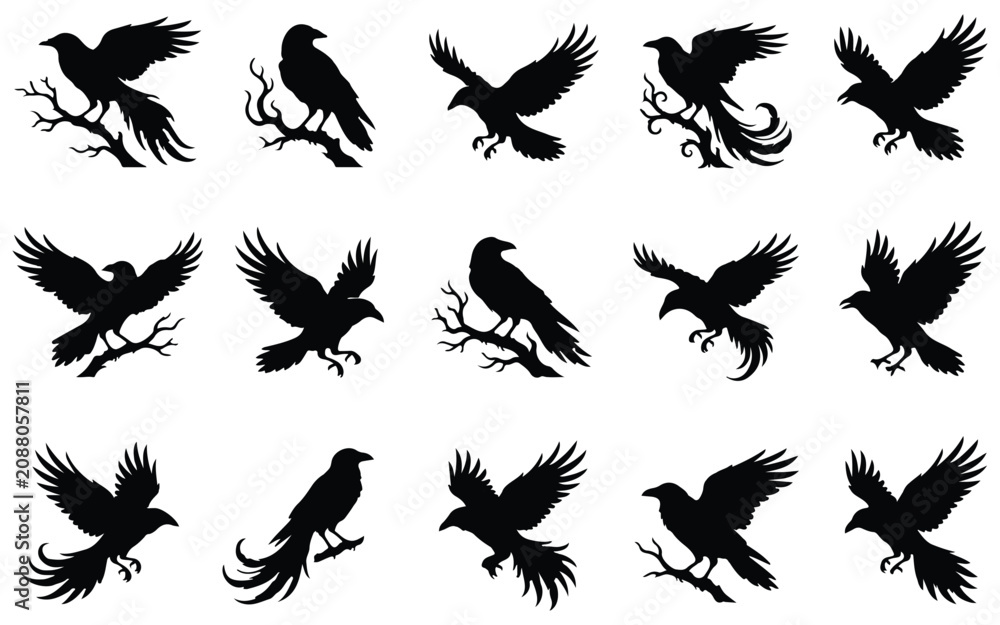 Fototapeta premium Halloween vector bundle black raven silhouettes for spooky designs graphics illustrations