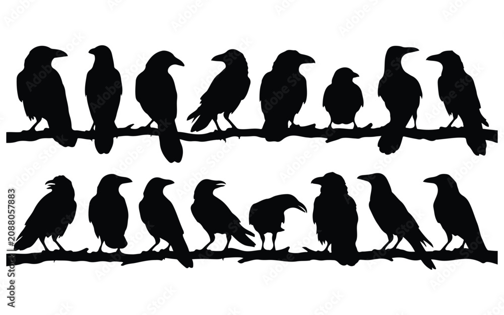 Fototapeta premium Halloween vector bundle silhouettes of ravens perched on branches for spooky designs
