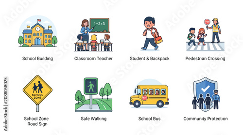 Set of eight hand drawn school and education related icons.