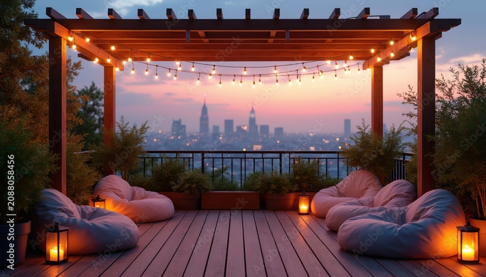 Fototapeta premium Cozy rooftop terrace with wooden pergola, string lights at sunset over city skyline. Modern patio features soft bean bag chairs, lanterns for romantic evening atmosphere. Comfortable urban garden