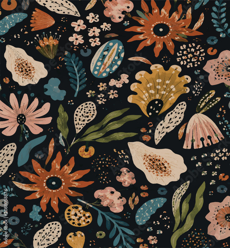 Obraz na plátne aesthetic colorful floral pattern on black  background
