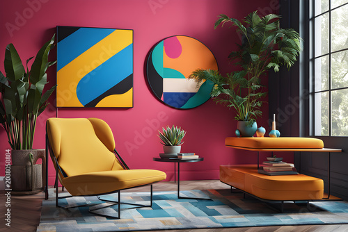 Mid Century Modern Lounge Room with Colorful Accent Furniture and Lamp