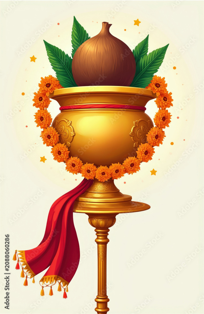 Fototapeta premium Golden pot adorned with marigold flowers holds coconut and leaves, symbolizing Indian New Year celebrations. Red cloth drapes elegantly, signifying auspicious beginnings and cultural traditions.