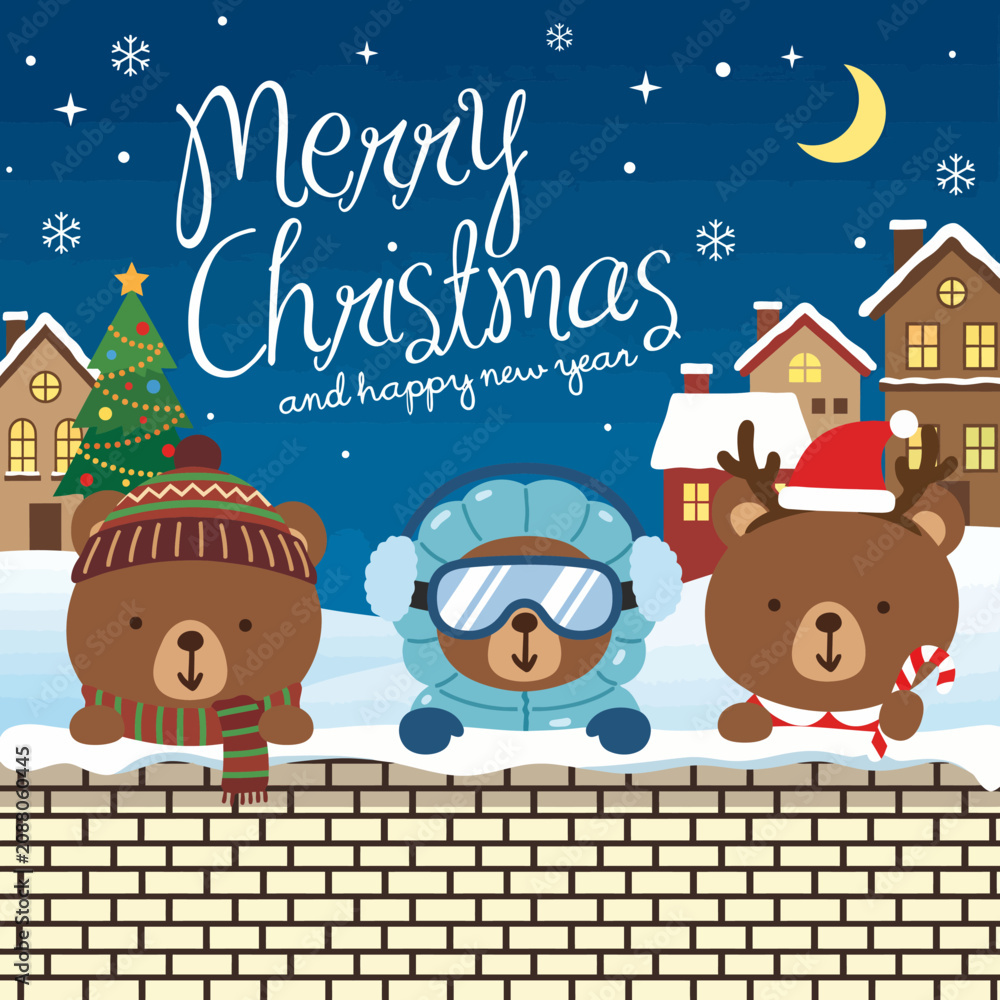 Fototapeta premium Three adorable cartoon bears dressed in winter attire celebrate Christmas, surrounded by a snowy landscape and a decorated Christmas tree, exuding warmth and joy.